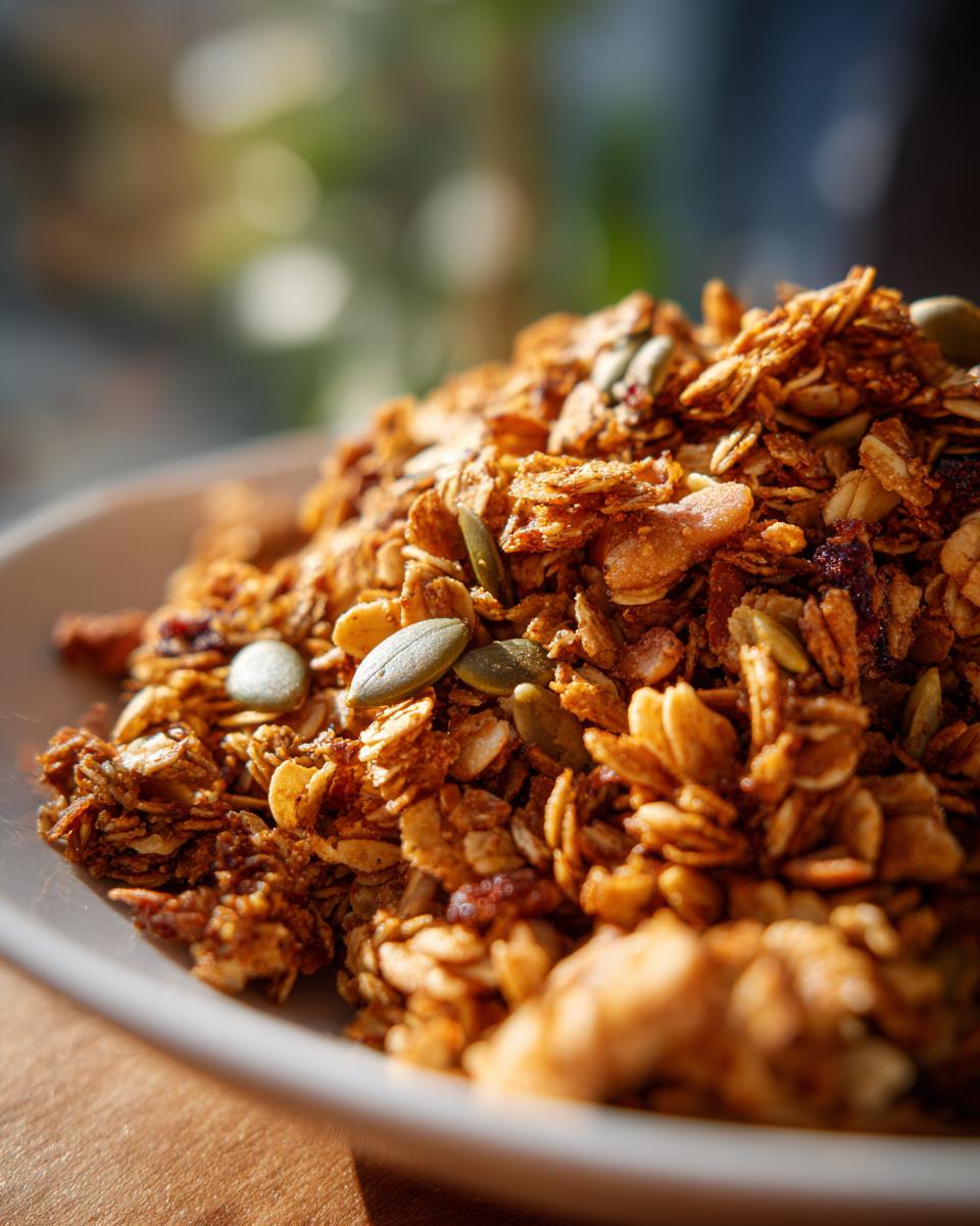 Close-up of a bowl filled with crunchy pumpkin granola, featuring oats, pumpkin seeds, and dried cranberries.