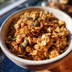 A close-up of a bowl filled with golden-brown pumpkin granola, featuring oats, pumpkin seeds, and nuts.