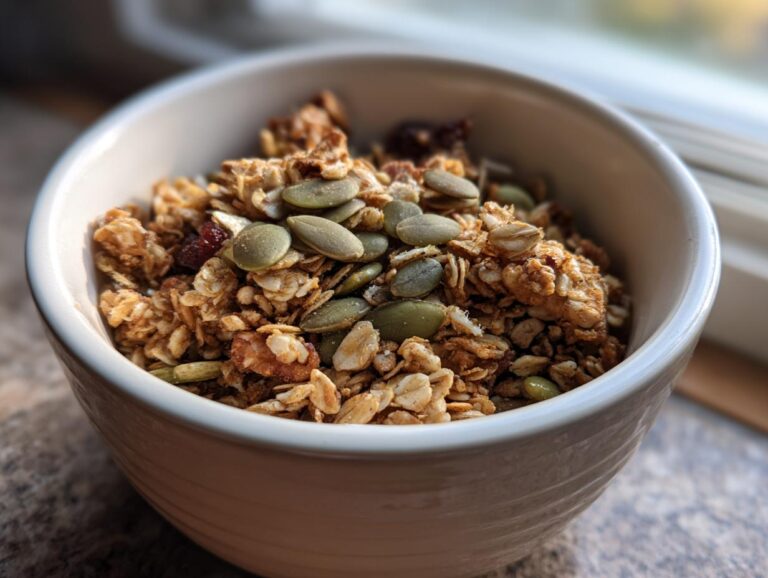 Close-up of a bowl filled with crunchy pumpkin granola, topped with pumpkin seeds and dried cranberries.