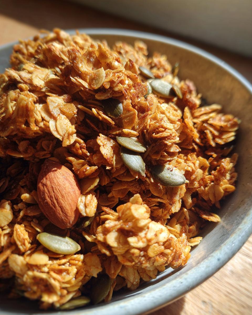A close-up of homemade pumpkin granola in a bowl, featuring oats, pumpkin seeds, and a whole almond.