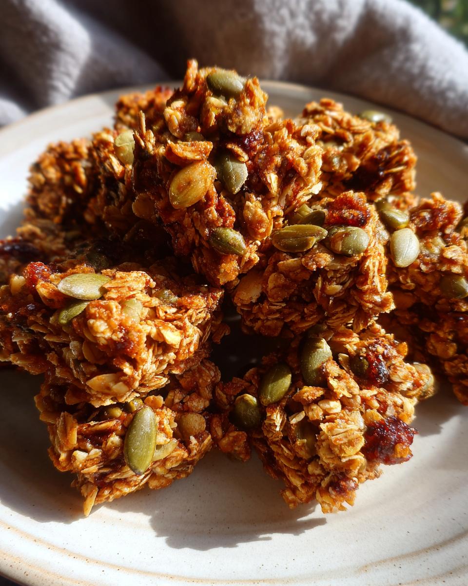 Close-up of homemade pumpkin granola clusters, featuring oats, pumpkin seeds, and dried fruit.