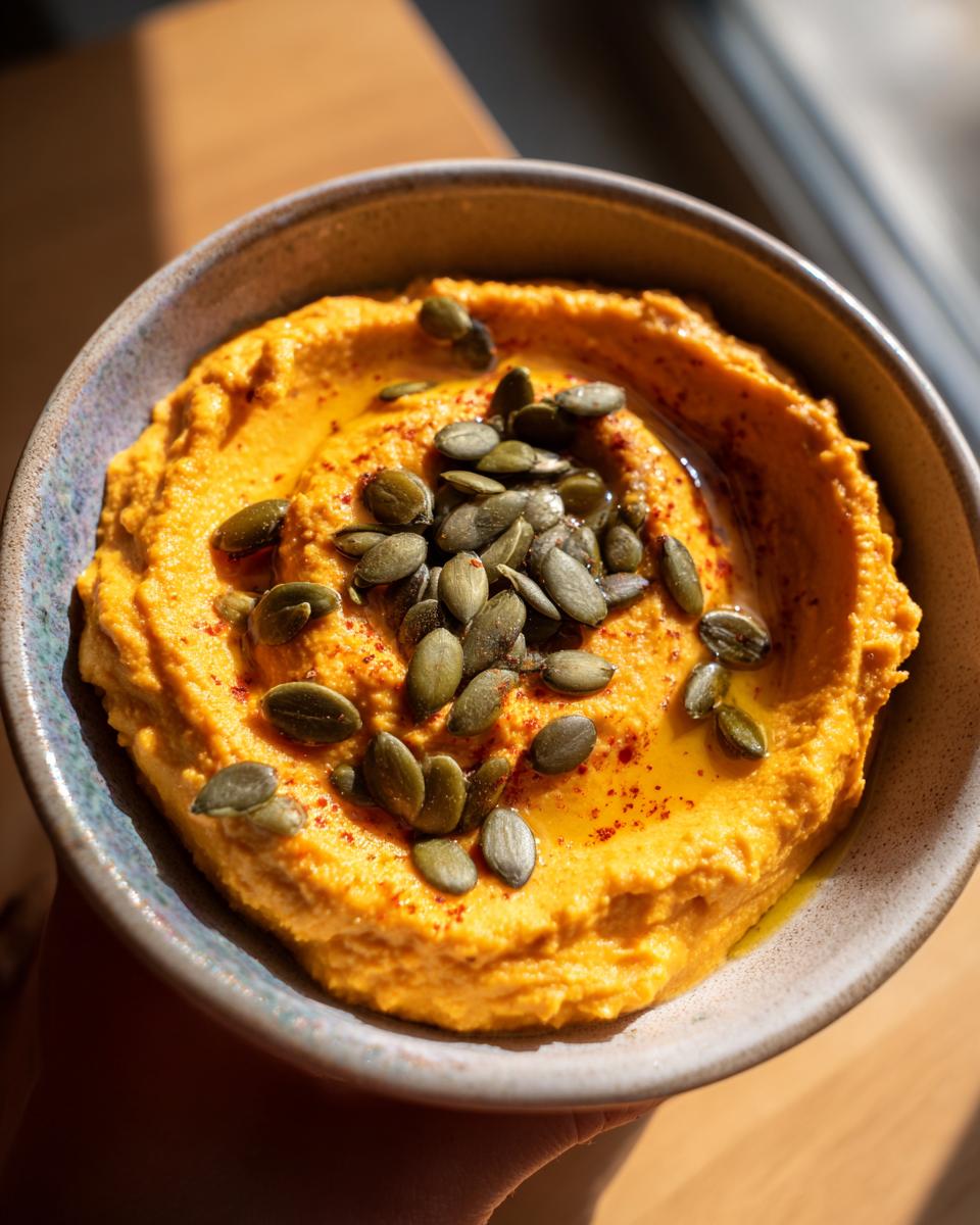 Close-up of creamy pumpkin hummus in a bowl, garnished with pumpkin seeds and a sprinkle of paprika.