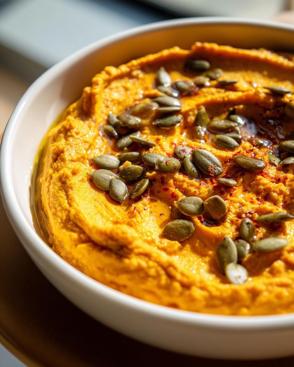 A close-up of creamy pumpkin hummus topped with roasted pumpkin seeds and a sprinkle of red pepper flakes.