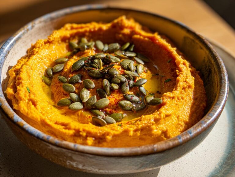 Close-up of creamy pumpkin hummus topped with pumpkin seeds and a drizzle of olive oil.