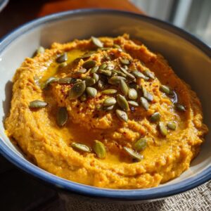 A close-up of creamy pumpkin hummus in a bowl, garnished with pumpkin seeds and a drizzle of olive oil.