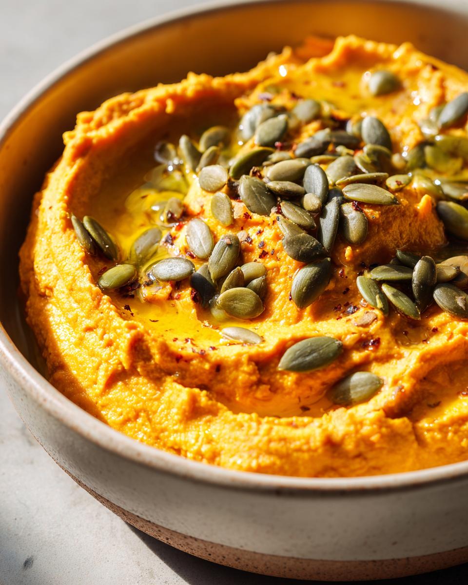 Close-up of creamy pumpkin hummus topped with pumpkin seeds and drizzled with olive oil.