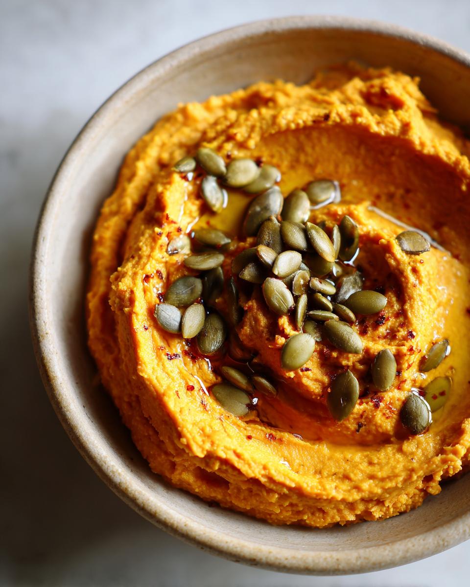 A close-up of creamy pumpkin hummus topped with pumpkin seeds and drizzled with olive oil.