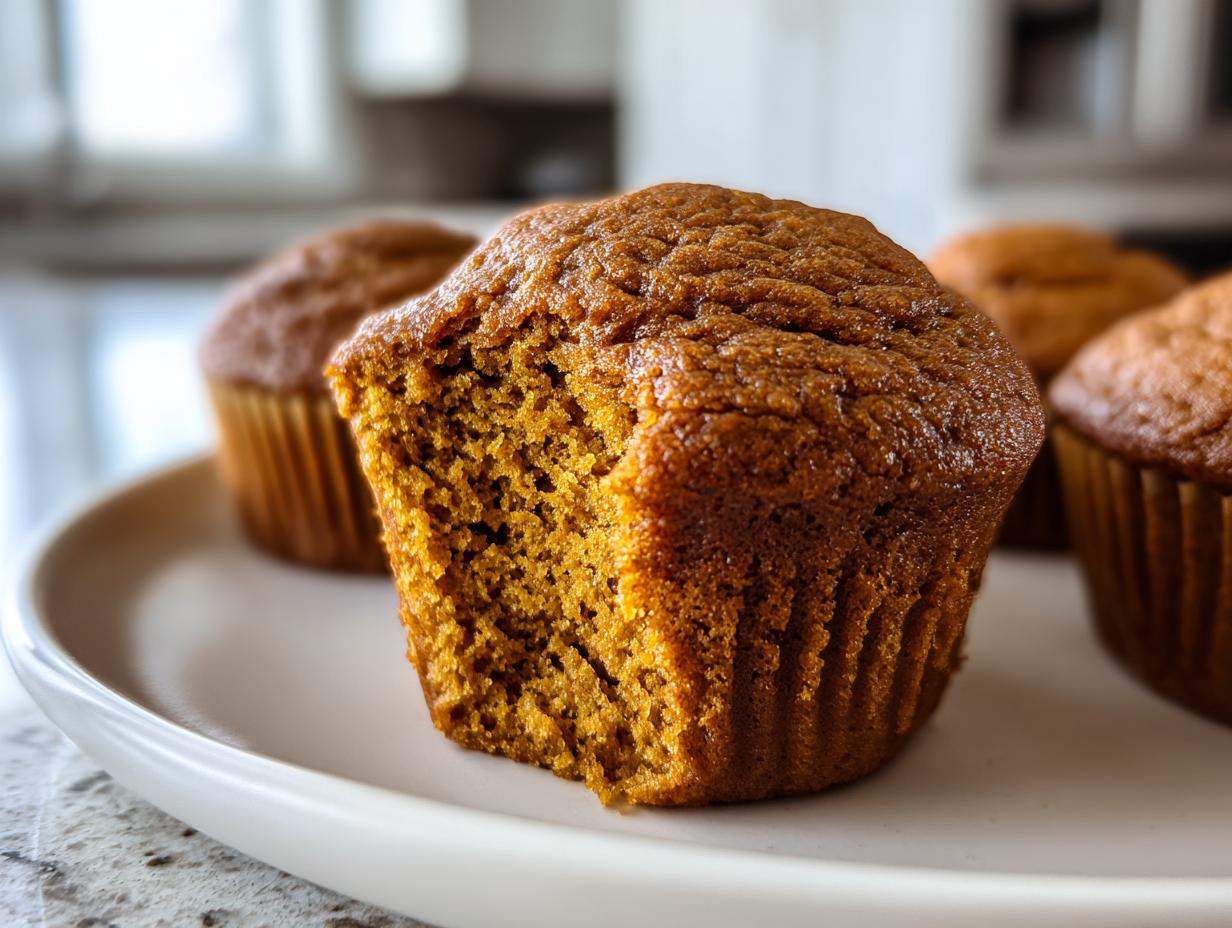 Close-up of a moist pumpkin muffin with a bite taken out, showing its fluffy interior.