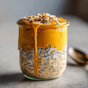 A close-up of pumpkin overnight oats in a glass jar, topped with granola and a drizzle of pumpkin puree.