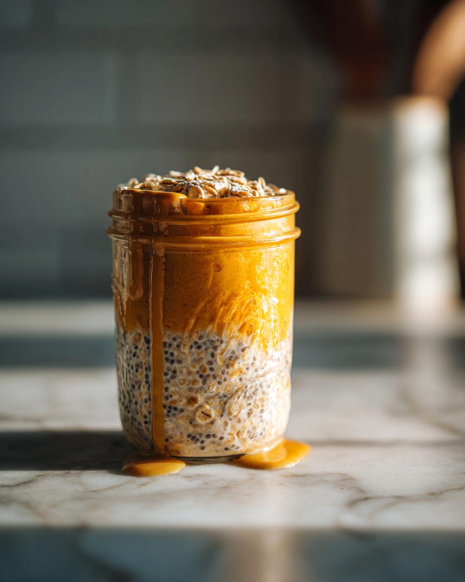 A close-up of pumpkin overnight oats in a mason jar, topped with oats and drizzled with caramel.