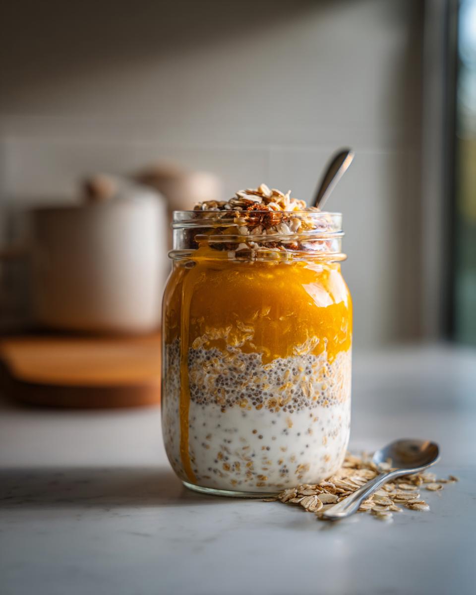 A close-up of Pumpkin overnight oats layered in a glass jar, topped with granola and a spoon.