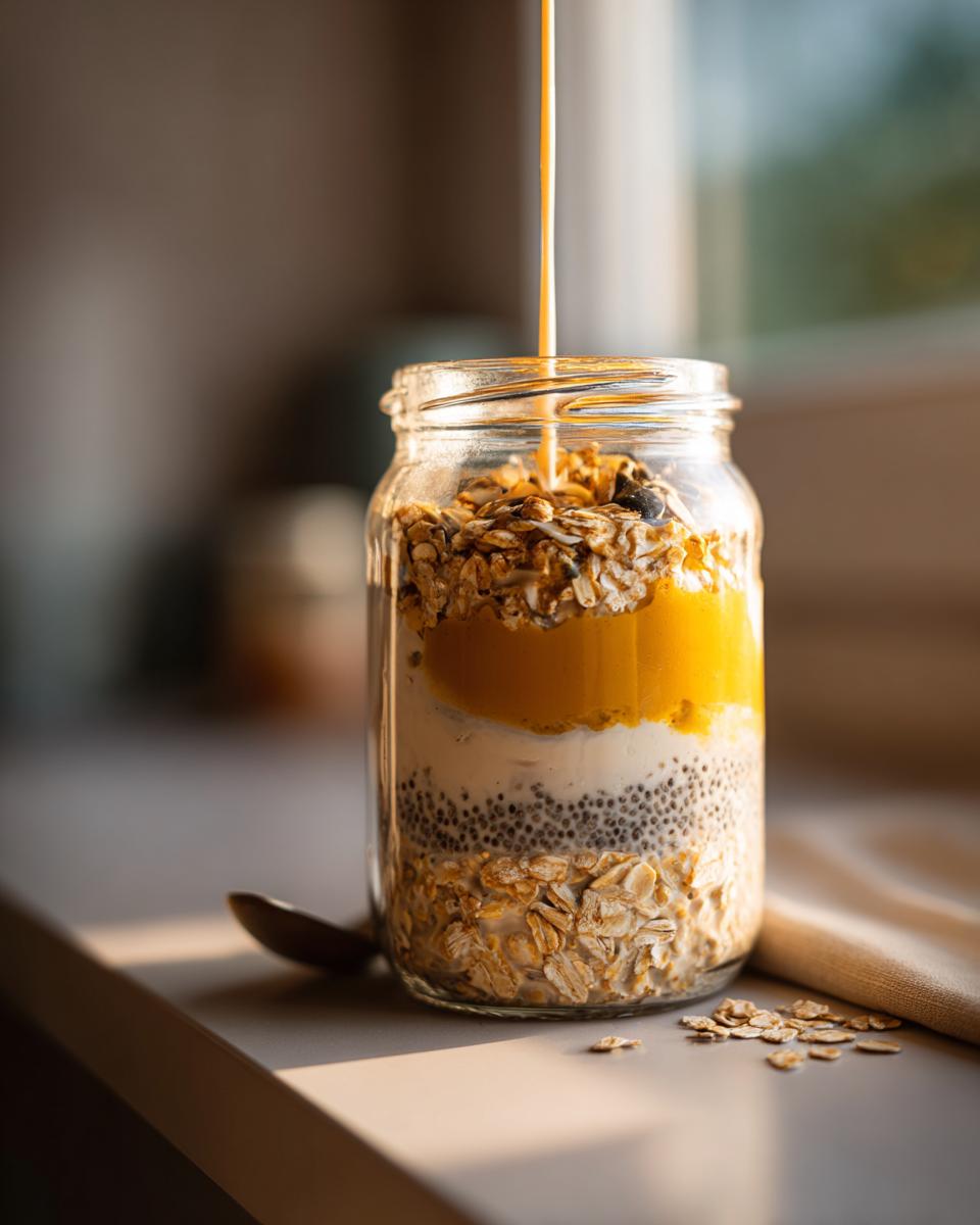 A layered jar of pumpkin overnight oats with oats, chia seeds, yogurt, and pumpkin puree, with a drizzle of liquid on top.
