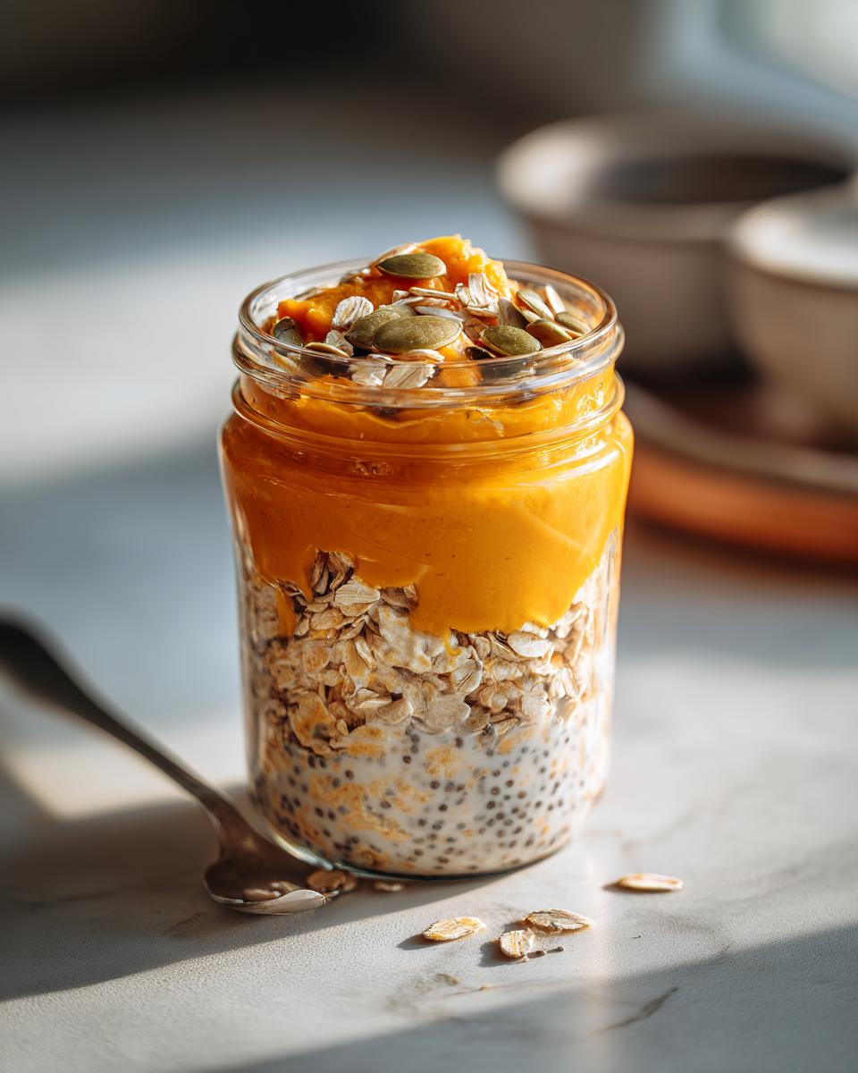 A close-up of pumpkin overnight oats in a glass jar, topped with pumpkin puree and pumpkin seeds.
