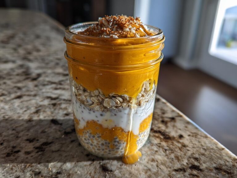 A close-up of layered pumpkin overnight oats in a mason jar, topped with shredded coconut and a drizzle of pumpkin puree.