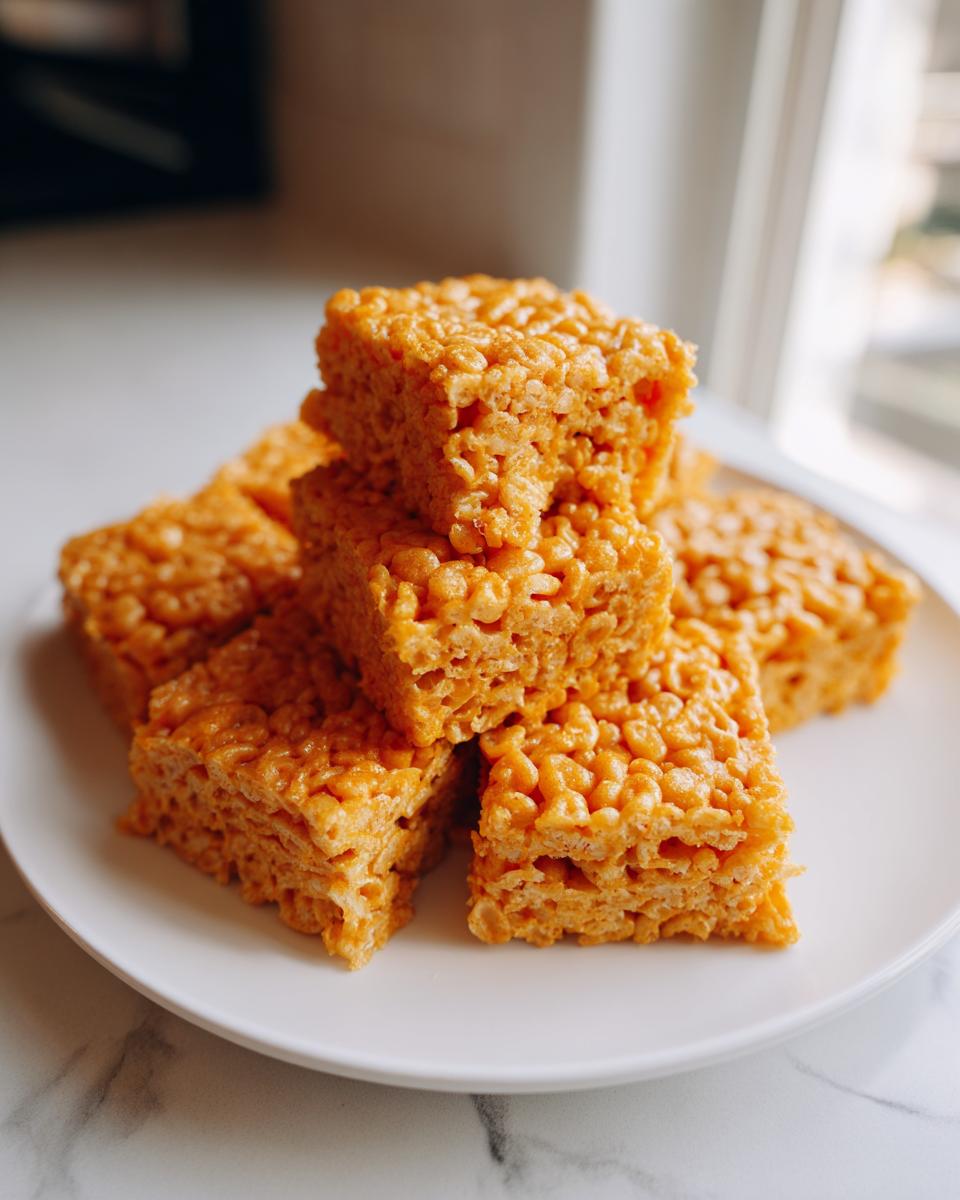 A stack of perfectly cut Pumpkin Rice Krispie treats on a white plate, ready to be enjoyed.