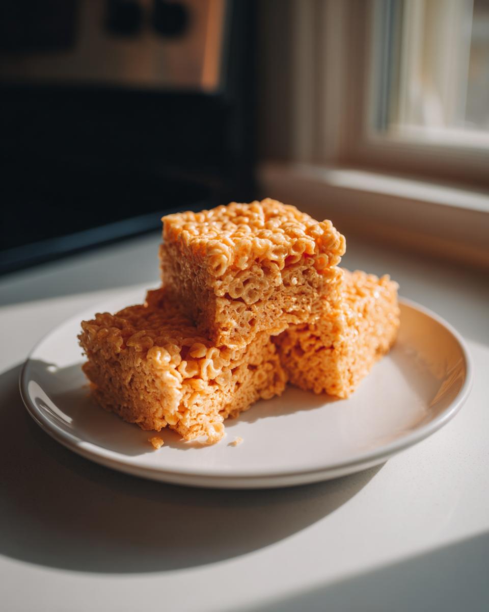 A stack of three golden-orange Pumpkin Rice Krispie treats on a white plate, lit by natural light.