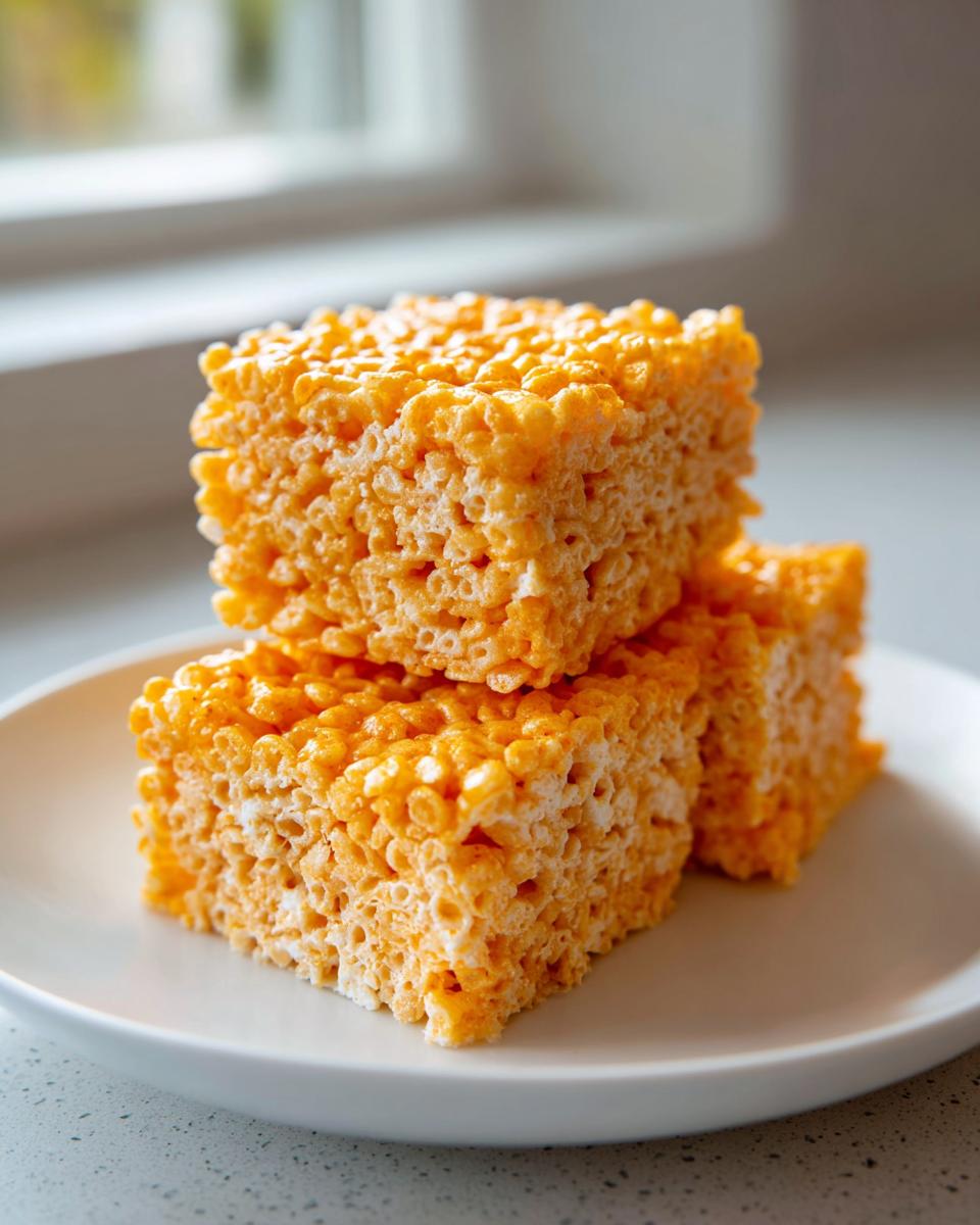 Three square Pumpkin Rice Krispie treats stacked on a white plate, showing their textured orange surface.