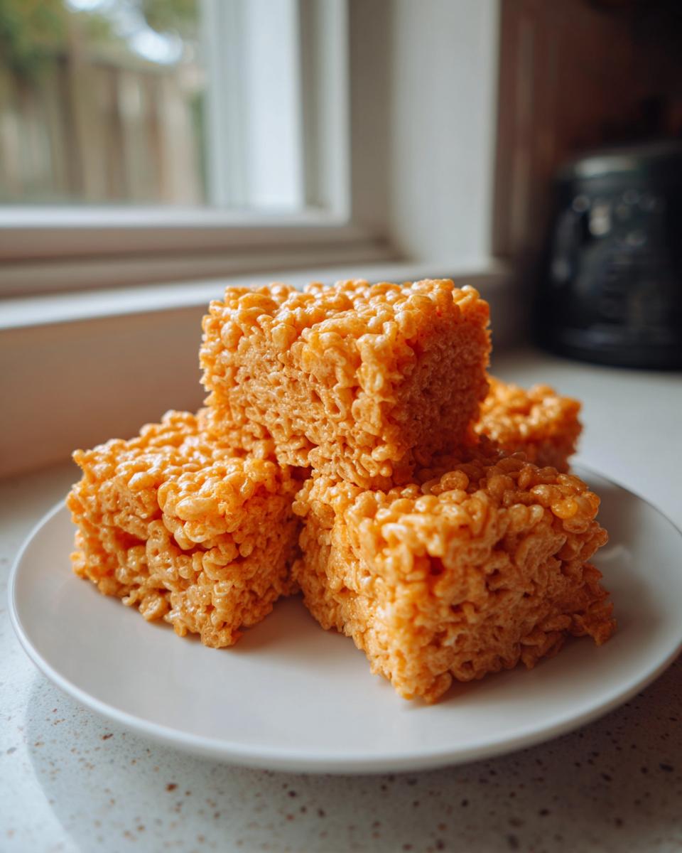A stack of three perfectly cut Pumpkin Rice Krispie Treats on a white plate.