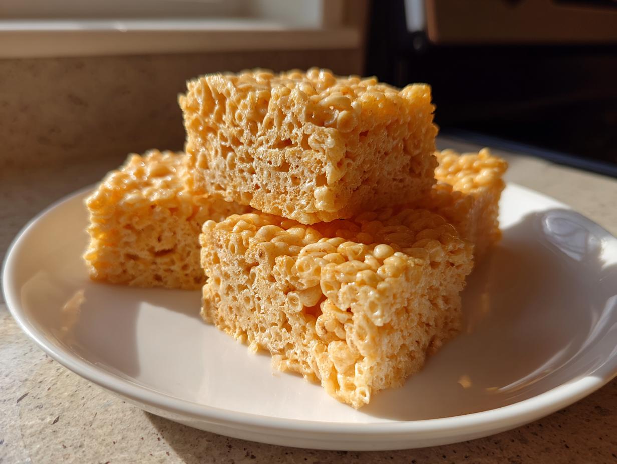 A stack of four delicious Pumpkin Rice Krispie Treats on a white plate, ready to be enjoyed.