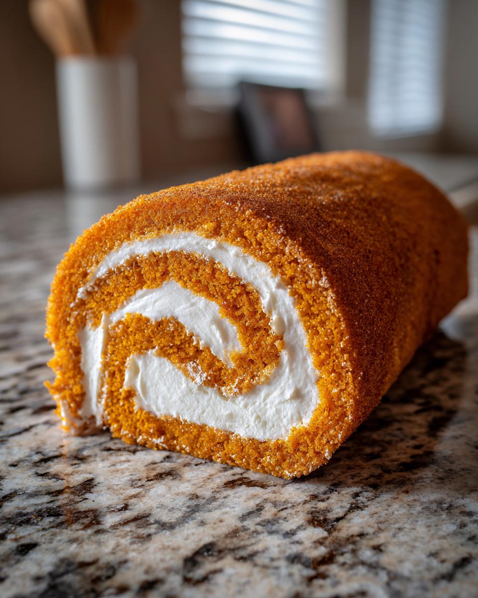 A close-up of a perfectly rolled Pumpkin Roll Cake with a swirl of white cream filling visible.