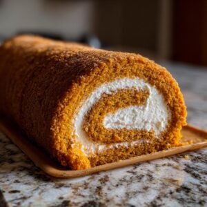 A close-up of a perfect Pumpkin Roll Cake, showcasing its vibrant orange cake and creamy white filling swirled inside.