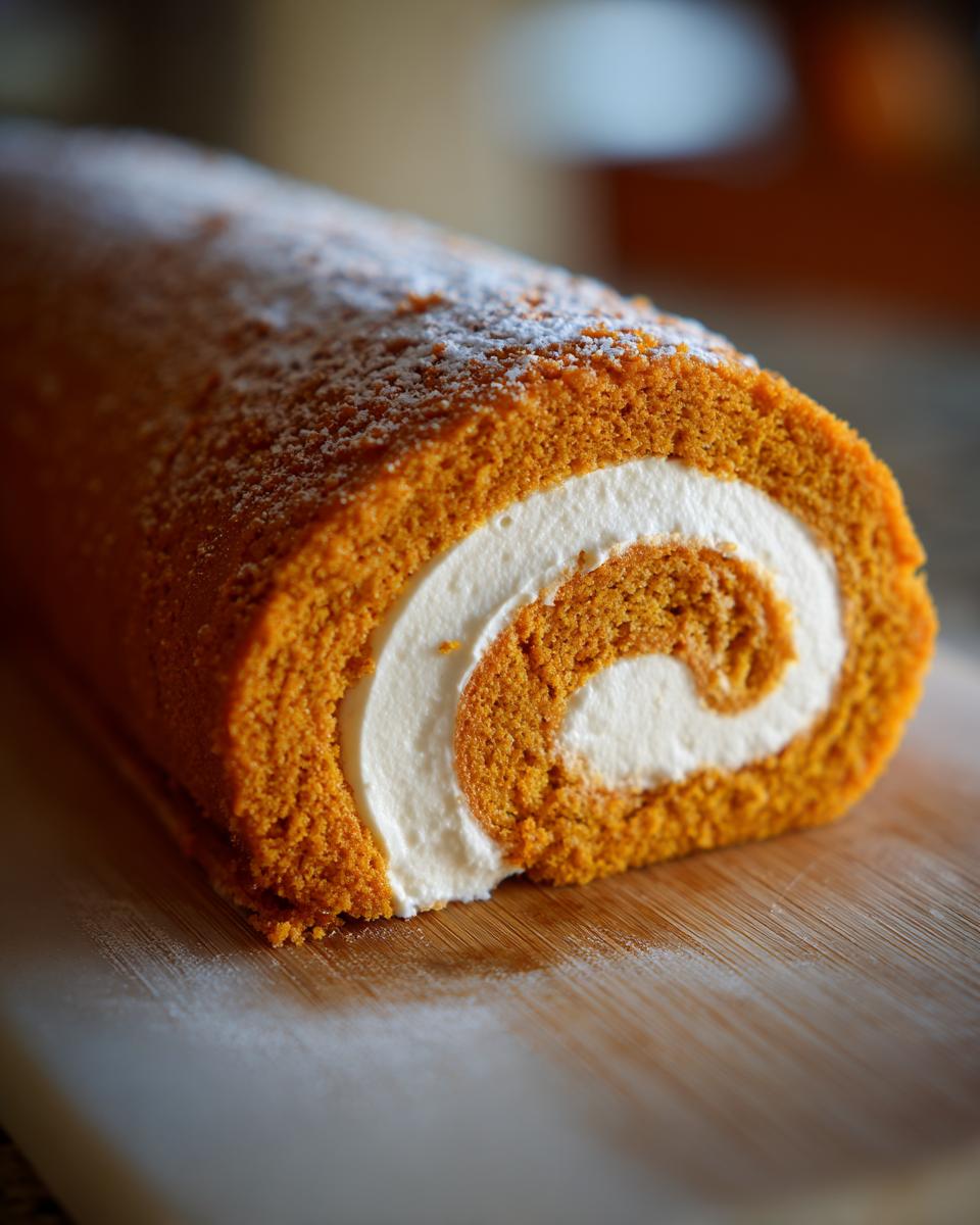 Close-up of a perfect Pumpkin Roll Cake with a flawless spiral of cream filling, dusted with powdered sugar.