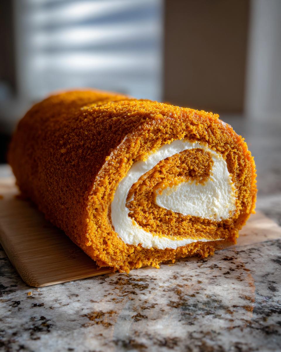 A close-up of a perfect Pumpkin Roll Cake, showcasing its vibrant orange cake and creamy white filling with a flawless spiral.