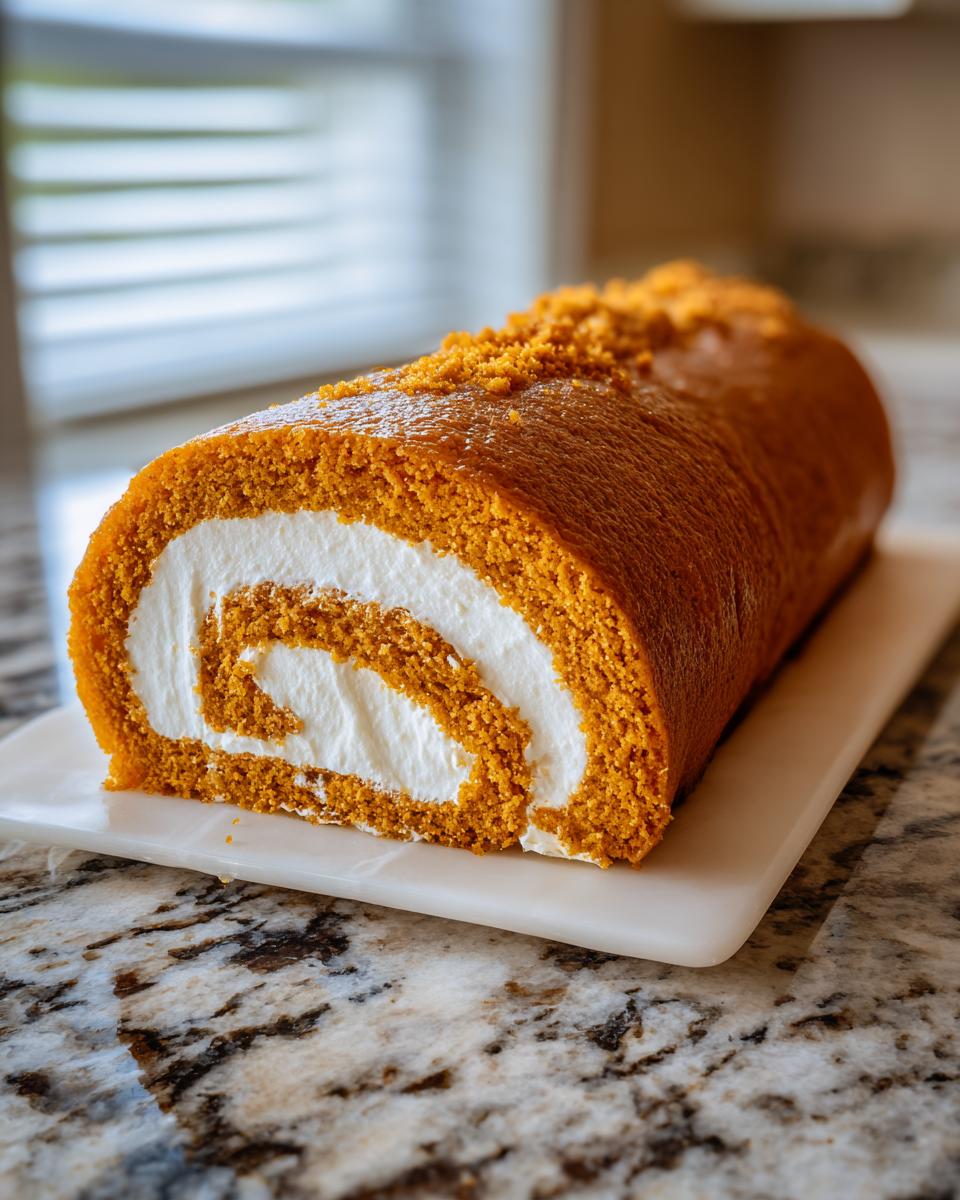 A close-up of a perfect Pumpkin Roll Cake, showcasing its fluffy orange cake and creamy white filling, topped with crumbs.
