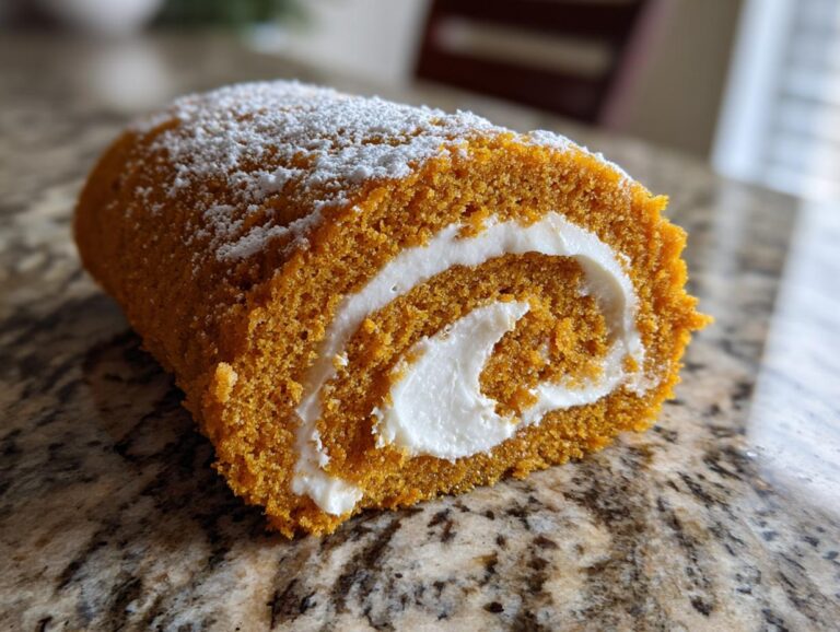 A close-up of a slice of Pumpkin Roll Cake, showcasing its perfect spiral and creamy filling, dusted with powdered sugar.