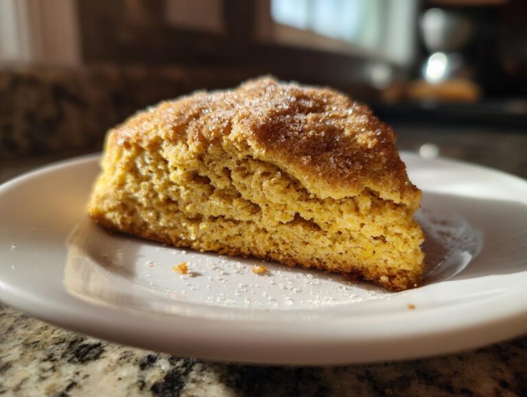 A close-up of a moist pumpkin scone slice, dusted with cinnamon sugar, on a white plate.