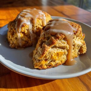 Two delicious pumpkin scones topped with a generous drizzle of maple glaze, served on a light gray plate.