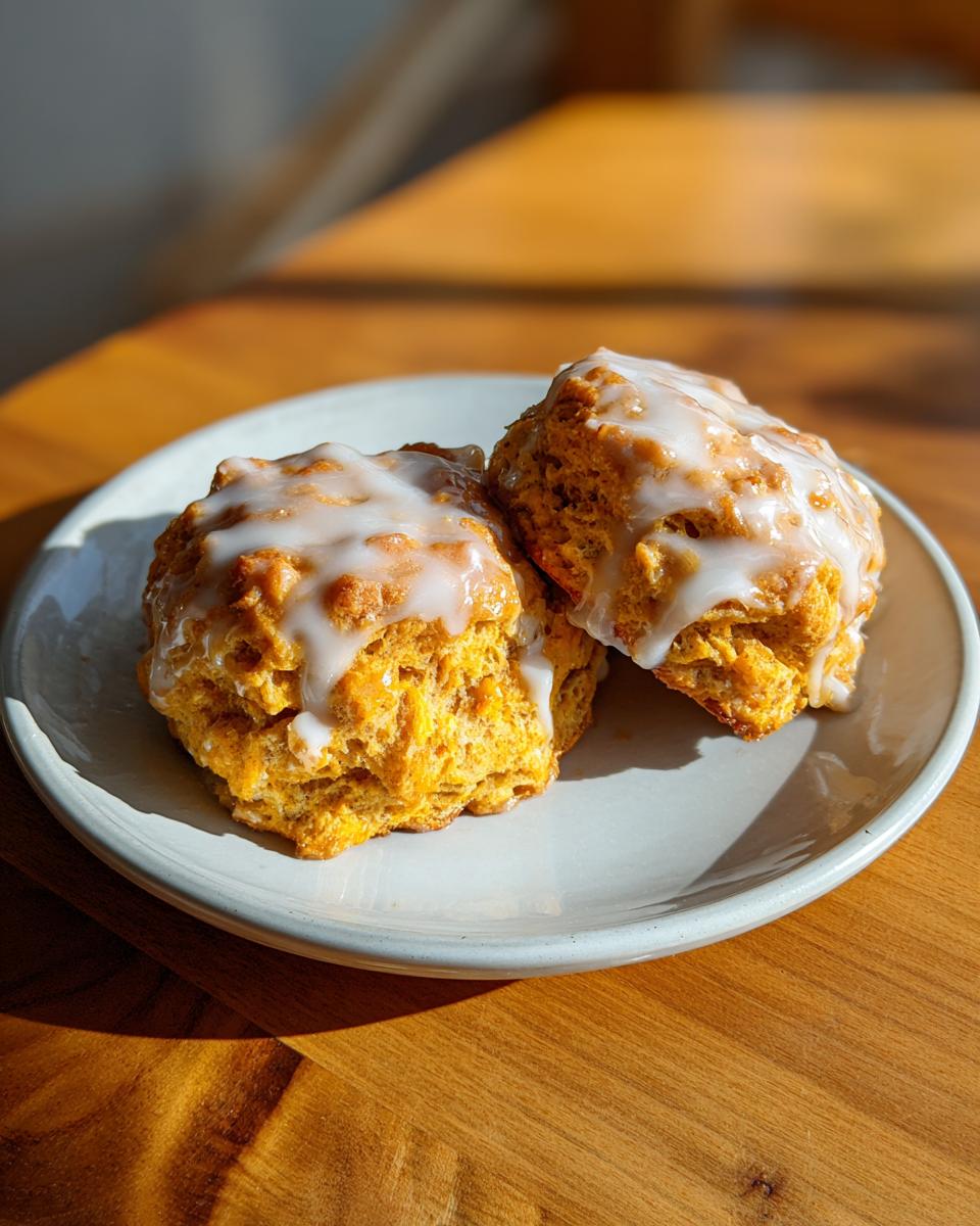 Two delicious pumpkin scones topped with a sweet maple glaze, presented on a white plate.