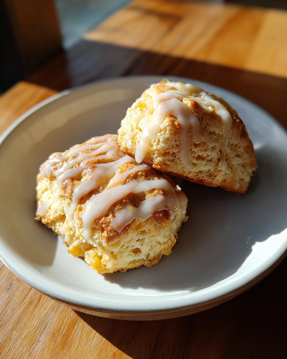 Two delicious pumpkin scones with a drizzle of maple glaze on a grey plate.