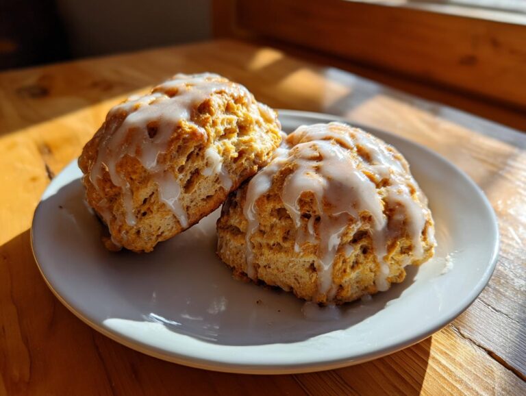 Two delicious pumpkin scones with a sweet maple glaze, presented on a white plate.