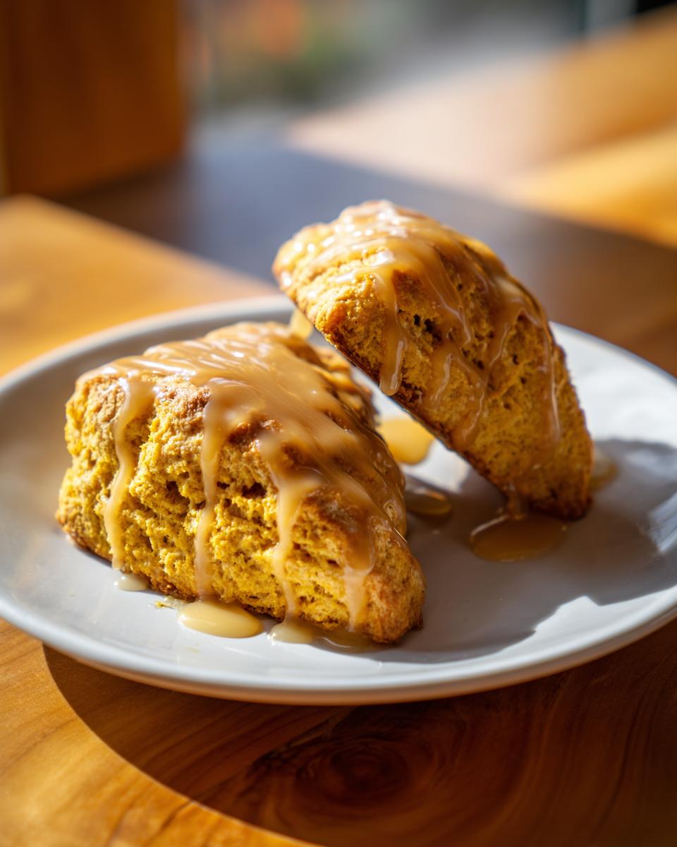 Two delicious pumpkin scones drizzled with a rich maple glaze on a white plate.