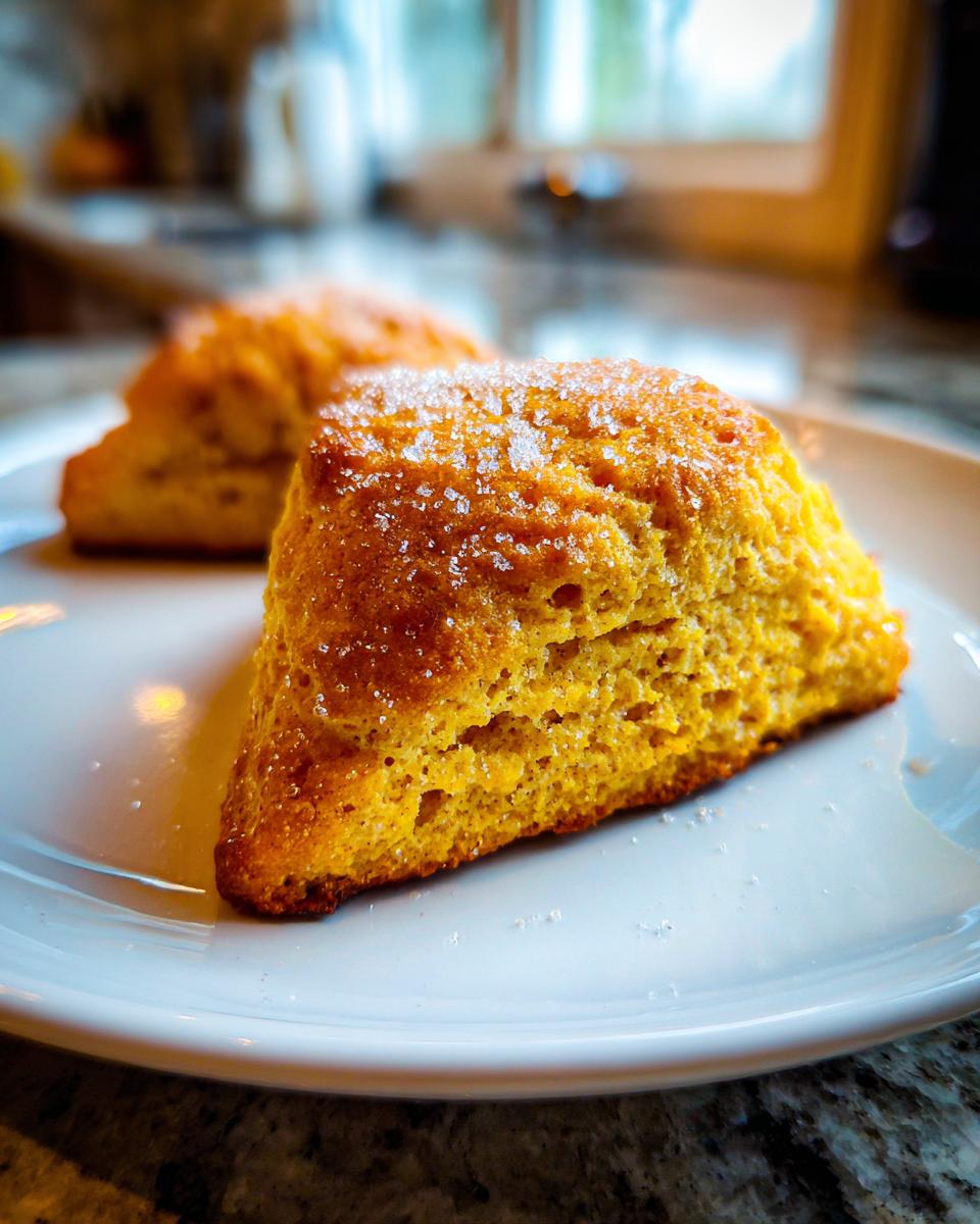 Close-up of a golden-brown pumpkin scone sprinkled with sugar on a white plate.