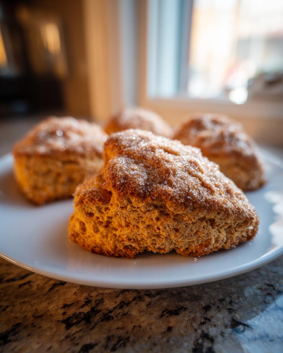 Close-up of golden brown pumpkin scones dusted with sugar, arranged on a white plate.
