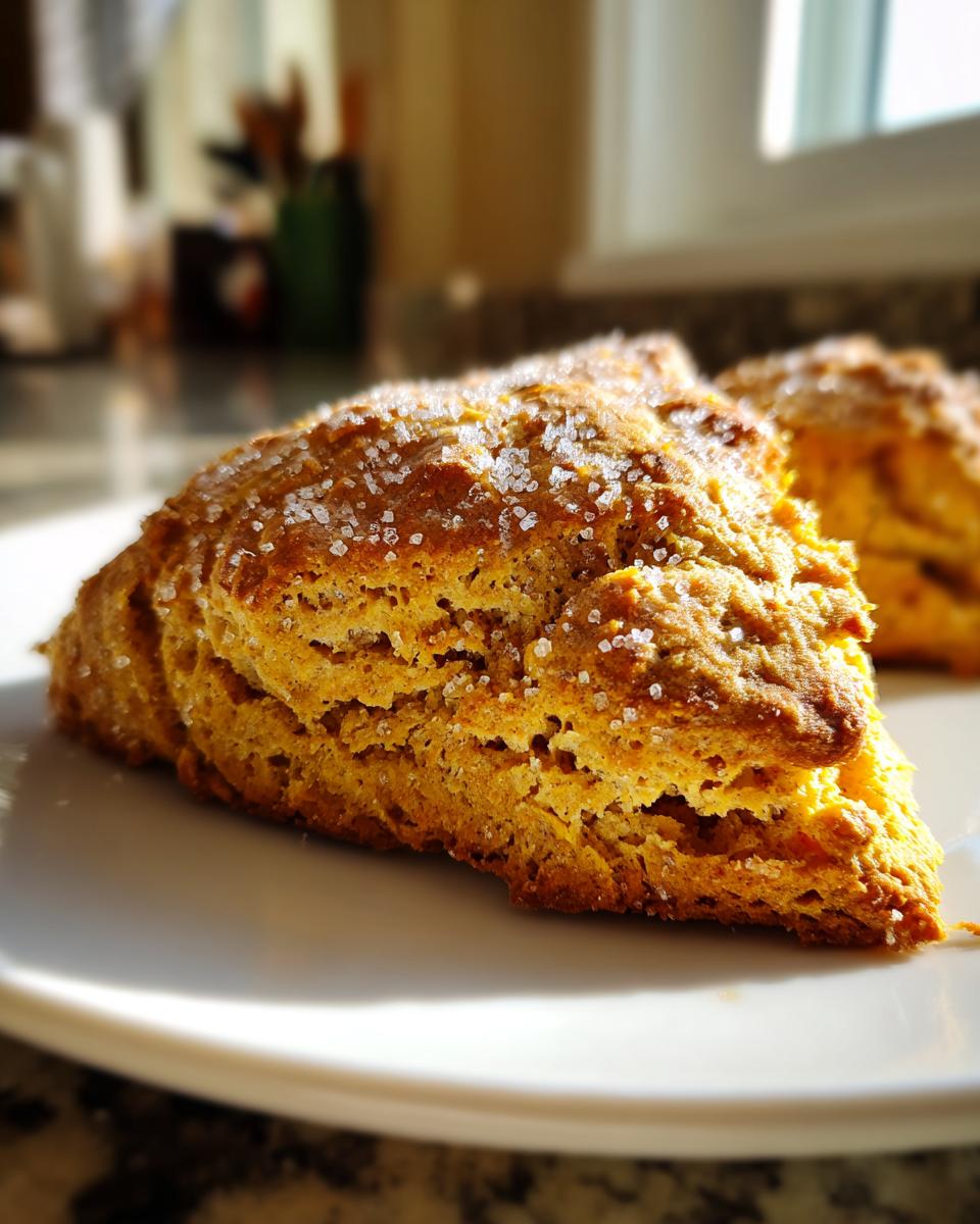 Close-up of a golden-brown pumpkin scone topped with sparkling sugar crystals, ready to be enjoyed.