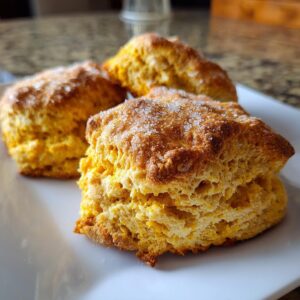 Close-up of three fluffy pumpkin scones topped with sparkling sugar crystals on a white plate.