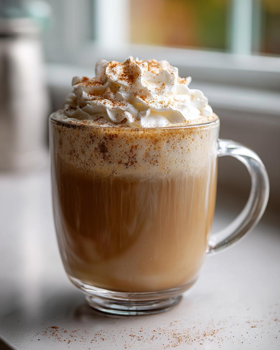 A close-up of a steaming Pumpkin Spice Latte in a glass mug, topped with whipped cream and a sprinkle of cinnamon.