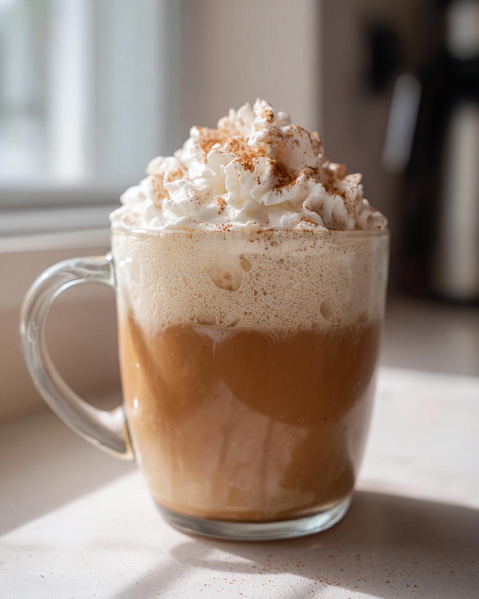 A close-up of a glass mug filled with a frothy Pumpkin Spice Latte, topped with whipped cream and a sprinkle of cinnamon.