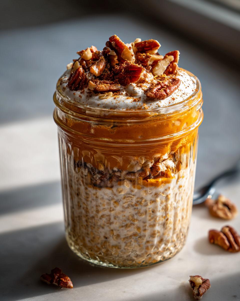 Close-up of Pumpkin Spice Overnight Oats in a jar, topped with whipped cream, pecans, and cinnamon.