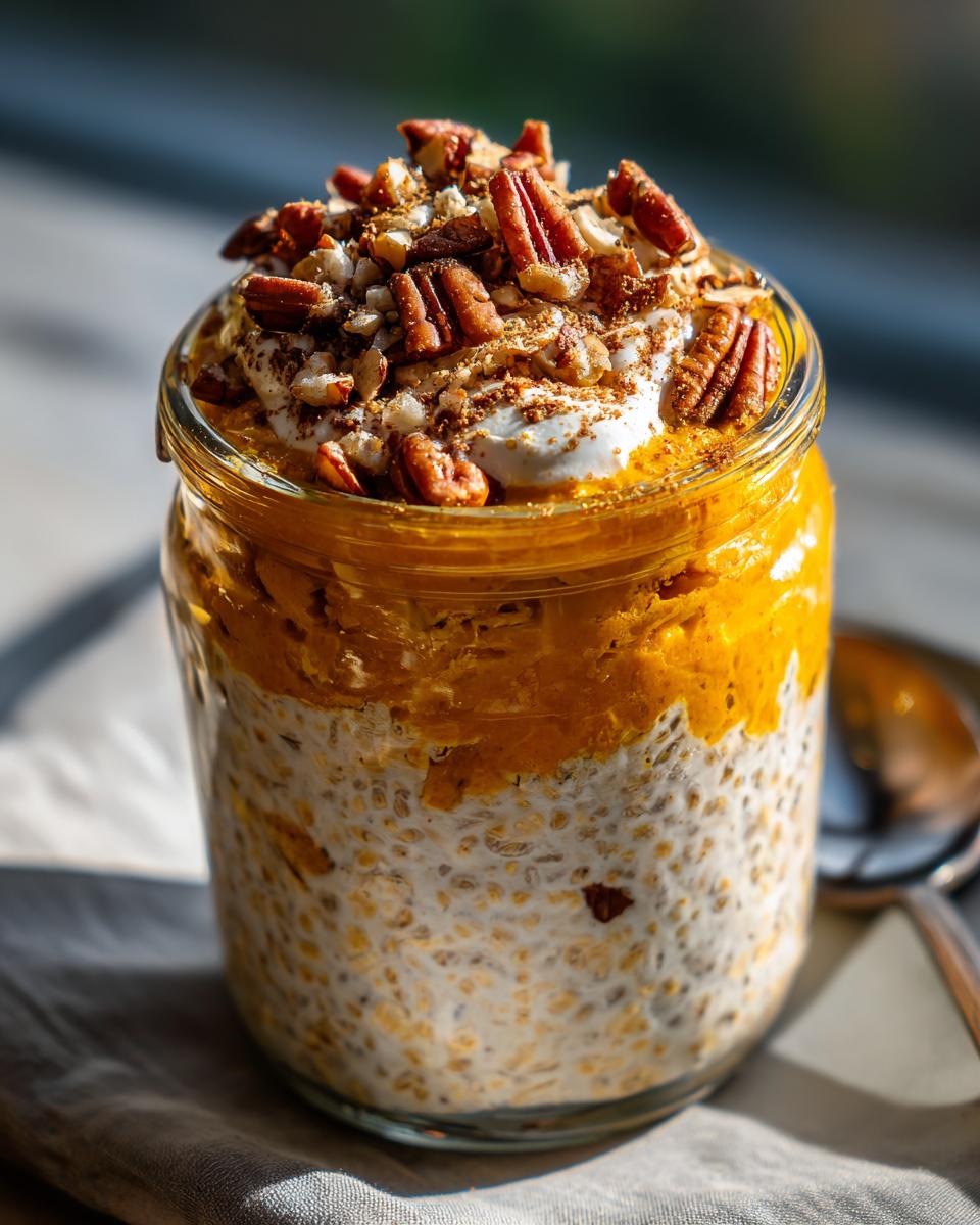 Close-up of Pumpkin Spice Overnight Oats in a glass jar, topped with whipped cream, pecans, and cinnamon.