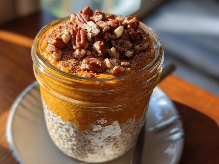 Close-up of Pumpkin Spice Overnight Oats in a jar, topped with chopped pecans and a sprinkle of cinnamon.