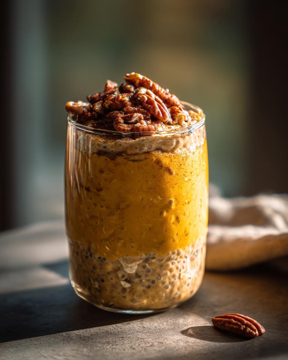 A close-up of Pumpkin Spice Overnight Oats in a glass jar, topped with whipped cream and pecans.