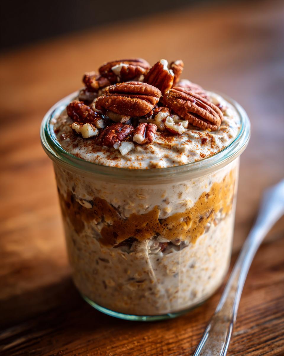 A close-up of Pumpkin Spice Overnight Oats in a glass jar, topped with pecans and cinnamon.
