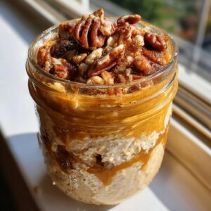 Close-up of Pumpkin Spice Overnight Oats in a jar, topped with pecans and a drizzle of caramel.