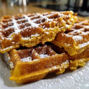 A close-up of fluffy pumpkin waffles dusted with powdered sugar on a white plate.