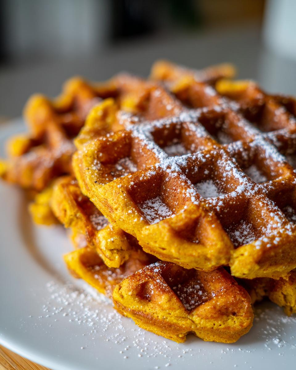 A stack of fluffy pumpkin waffles dusted with powdered sugar on a white plate.