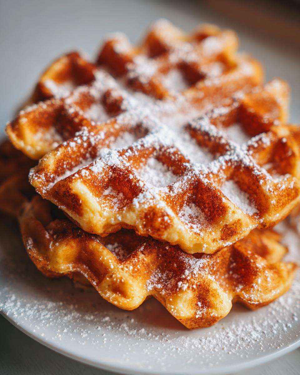 A close-up of two golden-brown pumpkin waffles stacked on a white plate, generously dusted with powdered sugar.